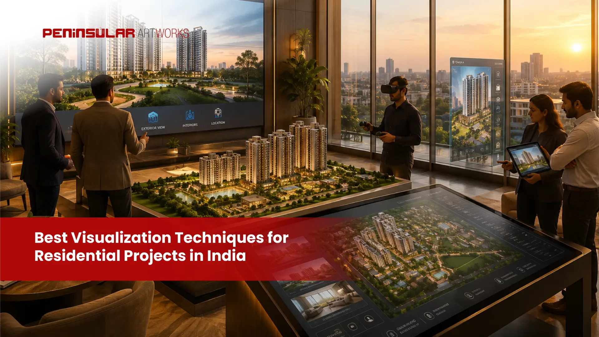Photorealistic residential project visualization featuring architectural renders, 3D walkthroughs, VR experiences, AR presentations, and premium apartment design for Indian real estate developments.
